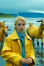 Placeholder: In the music video, a 23-year-old woman with blonde hair and bright blue eyes stands in the sea, se has a bun. dressed in a yellow fisherman's jacket ag. She holds an umbrella, but it offers no protection from the pouring rain. Around her, heavy horses are moving. The rain is pouring heavily. She is standing in the middle of the sea. You can see here completely. Horses only the girl and horses, i wanna see the horses dancing around her.. NOT SEXY!! middle of the sea, green pants