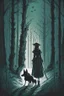 Placeholder: in the style of a Henry Justice Ford drawing, a beautiful witch walks through a dark forest, a dog is seen standing at the horizon waiting for her