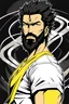 Placeholder: An anime style full body picture in a monocromatic black background of a medium muscular man with a black circled beard and medium size hair, black eyes, big nose, wearing a full black t-shirt with yellow details