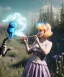 Placeholder: Ultra realistic wonderland photo, happy blonde woman smoking a pipe, blue dress, purple cat friend, circus dress style, old school tattoo, smoke, marijuana garden, glow eyes, perfect iris, soft color, highly detailed, unreal engine 5, cinematic, ultra detail, volumetric lighting, high definition.