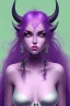 Placeholder: cute purple haired devil girl with bright green eyes and black horns on her head wearing a purple/pink dress