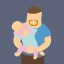 Placeholder: full view, flattened vector image icon of a man and woman holding a baby in a bundle, dark blue and light blue color palette, transparent background.