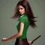 Placeholder: Woman with crook, back, black trousers, green shirt, render background, brown hair