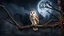 Placeholder: back to the camera a barn owl sitting on a tree branch close the window and looks in through the window into the room, night, thriller, fog, mystic, moon, high detailed, sharp focuses, photorealistic, cinematic, dramatic vibe