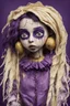 Placeholder: full color, illustration of a darkpurple and gold tones, menacing, Singer Melanie Martinez face, as a decayed, broken, crude homemade cloth doll toy, with a narrow cracked porcelain face, thick dark eyebrows, hair in two gradually, made from ragged strips of cloth, in the style of Alex Pardee, Tim Burton, and Nadya Sheremet