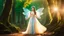 Placeholder: A gorgeous smiling Asian model in a fairy outfit with wings in a magic forest with 1000 y/o trees, a small torrent, sun rays through the branches, particles in the air at dawn