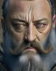 Placeholder: photography, upper body shot, D&D dwarf warrior resembling Jean Reno, detailed eyes, lots of wrinkles, very big nose, angry expression. 8K, hiperrealistic, photorealistic, Canon EOS R3, intricate detail, real skin, pores, grey eyes, accurate face, detailed decorated armor, detailed beard, use dynamic palette, accurate proportions, high contrast black smokey bokeh background.