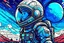 Placeholder: draw a landscape about space in glitch art style with a teenage space traveler wearing a spacesuit and helmet.