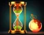 Placeholder: a glowing hourglass in a dark background, heaven in the upper globe and hell in the lower globe, realistic, meticulously detailed, intricately detailed