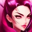 Placeholder: crystal blue eyes, and dark pink hair, teardrop shaped eyebrows, woman, angry expression, pointy ears