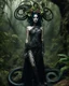 Placeholder: Full a length image gothic horor photography full body realistic art of beauty makeup Gothic medusa surrealism,cobra snakes wrapped around body grotesque, mysticism, flowers jungle, fabulous living outlandish dragonfly floral spiral twisted ornate world in baroque style half body medusa girl dark creepy forest dryad