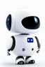 Placeholder: cute minimalistic robot with a big head, small body, digital face with pixeled eyes, happy face, oval body, head and body together, white skin, no legs, no feet, integrated painter arm, 3/4 angle, awesome pose, white background