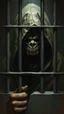 Placeholder: Bosch painting style nightmares, an Lazard creature with hood screaming and locked in behind bars , in dark prison environment with dim lights like 1800 prisons .