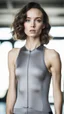 Placeholder: photography of a beautiful anorexic woman, grey satin triathlon top, brunette wavy bob haircut, pronounced sternum, flat chest, grey satin cycling leggins
