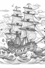 Placeholder: A haunted pirate ship sailing on rough seas while ghosts roam the deck.. Outline, sketch style, only use outline, mandala style, clean line art, white background, no shadows, no clear wall, coloring page.