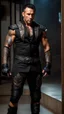 Placeholder: Jason David Frank Very muscular man with short hair and tribal tattoos piercings wearing a black suit , fantasy standing in a doorway