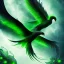 Placeholder: a detailed illustration of a black and green phoenix sitting on a branch of a tree, phoenix bird wallpaper, luminescent body, glinting wings, full body, symmetrical body, realistic, glowing wings, sharp focus, meticulously detailed, soft evening sky, 64k