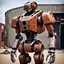 Placeholder: trash mech suit, human-sized, made of scrap metal, small, cockpit, light rust, round