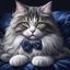 Placeholder: A Main Coon cat gray and white on a midnight blue velvet pillow and wearing a berry bow around her neck. Illustrative art, art interpretation, concept art, cgsociety contest winner, seasonal art, seasonal art HD, 4k, 8k, intricate, detailed, intricately detailed, luminous, translucent fantasy crystal, holographic data, soft body, shadow play, light, fog, atmospheric, cinematic, light film, hyper-detailed, hyper-realistic, masterpiece, atmospheric, high resolution, 8k, HDR, 500px, mysterious and