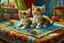 Placeholder: Hand sewn and embroidered extremely cute kittens, threads, sewing needles and a pair of scissors on a table on lace blanket in a luxury bedroom, centre, bold colours elegant fantasy 8k beautiful dynamic lighting award winning imperial colors hyperrealistic ultra detailed 4K 3D high definition crisp quality colourful hdr in sunshine