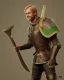 Placeholder: medieval warrior with short blond hair, blue eyes and wide warm smile holding a two-handed axe wearing brown and green clothes