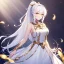 Placeholder: girl, masterpiece, best quality, volumetric lighting, detailed outfit, perfect eyes, long hair, white hair, golden eyes, ponytail, messy hair, gold and white outfit,