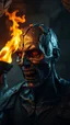 Placeholder: Busch painting style nightmare, a zoomed view man his head is a broken metallic skin texture in a 3d rendering full-height image of a grim and dark scene. Ensure the final images exhibit the utmost quality, with the play of a torch-lit dungeon encompassing 4K, 8K, and 64K resolutions, with 3D rendering that manifests in photorealistic, hyperrealistic, and highly detailed representations. Employ techniques such as HDR, UHD,