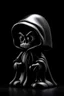 Placeholder: 1950s goofy vinyl toy of skull face character wearing a black hooded cloak, drawn in a early animation rubber hose animation style, inside a diamond shape on a black background, monochromatic