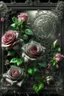 Placeholder: beautiful landscape elegant blooming pink roses and daisies, lots of greenery, sequins, dew filigree, smoke fractal, spiral space outside the window, hyperrealism, glitter, glare, hyperdetalization. vintage, inlaid outline in black pencil, aesthetically pleasing, beautiful, realistic, high resolution, high detail