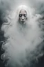 Placeholder: translucent female face barely visible from very dense white smoke and fog, translucent ghost-like face with lots of white hair, lots of fog in the background, surreal style