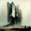 Placeholder: Contemporary abstract painting of Lebbeus Woods brutalist architecture in a wasteland techno decaying landscape. Hazy foggy sky. Concrete ground. Exposed twisted concrete. Style Justin Mortimer and JMW Turner.