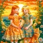 Placeholder: An elegant vertical painting suitable for a children's book cover or poster. Two young girls — one blonde, one redhead — in richly colored vintage dresses stand in a garden glowing with sunset light. Around them, three kittens rest peacefully: black, white, and ginger. The background shows softly glowing sky, flowers, and golden grass. The top third of the image is softly faded with light bokeh, creating space for a Hebrew or English title. The texture includes brush strokes, light craquelure, a