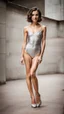 Placeholder: beautiful anorexic woman, total shot, short silver swimsuit, short brunette wavy bob hair, blurred concrete background, soft smile