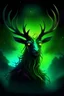 Placeholder: Wendigo turning to face you, dark forced background, glowing eyes, hunched over, staring covered in decay, deep shades of green, starry night sky, multicolor, gradient sky