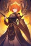 Placeholder: Dark Paladin, orange hair, orange eyes, scythe, standing in front of dark castle, Female