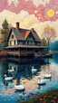 Placeholder: A big house on the lake with ducks in masterfully detailed, vibrant created with spatulated oil painting techniques, featuring thick, impasto strokes, grunge scratches, and deposit of saturated oil pigments in the style of Van Gogh.