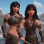 Placeholder: Warrior woman with medium wavy black hair, brown eyes, big breast, topless, glistening muscles, with a dagger in each hand.