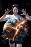 Placeholder: An image of a young Korean woman with a eyes closed expression happy, holding her hands up as if she is reacting to a catastrophic event in front of her. Film, cinematic, realistic, extreme depth of field, She is wearing a white blouse with detail, blue shorts, and sunglasses pushed up onto her head. In front of her, there is a highly detailed planet resembling Earth, dramatically cracking and breaking apart with fiery explosions and molten lava visible at the fractures.