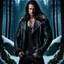 Placeholder: Handsome and muscular 30 year old mountain man with long hair and tattoos, wearing furry leather jacket, dark fantasy, snowy forest