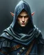 Placeholder: Watercolour painting character full body portrait of a half elf male shadow sorceror, dark armour and hood, smirk, creepy, charismatic, handsome, very dark shadowy background, creepy dark colours --ar 3:4 --v 6.1