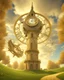 Placeholder: Create a 3d fractal base huge clock on a beautiful tower in a modern town with country houses and green field flowers , with see throgh golden gears rotating , showcasing a harmonious and synchronized movement. fast time passing in a beautiful nature environment