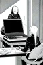 Placeholder: hacker girl use a laptop sitting next o other customers in a cafe, line arts, greyscale