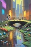 Placeholder: painting of a cyberpunk colourful natural walkway rubbish on the street in the city with pollution and a small bridge by a creek with electric sheep and androids by monet