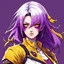 Placeholder: front face,profile picture,2dcg,anime art style,yellow and purple color,ghoul lady,biker,pure white color background,gore,violence,Decapitation,dismemberment,disturbing,Monster,guts,morbid,mutilation,sacrifice,butchery,meathooks,no hands,do not draw hands