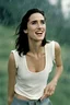 Placeholder: Beautiful 25 year-old Jennifer Connelly is standing outside in a rain shower, smiling, with no rain-coat, umbrella, or hat on, with her head tilted up toward the sky, her tongue sticking out and catching raindrops, as if reliving a pleasant childhood memory.