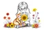 Placeholder: imagine A grayscale pencil illustration of a small girl sitting on the ground. She has braided hair and colored freckles on her cheeks (only the freckles are in warm tones). She wears oversized round glasses, a striped shirt under gray overalls, and colorful striped three-quarter socks. In her lap lies a bright yellow sunflower. Sitting close beside her is a ginger cat with a fluffy tail, fully in color. Around her on both sides grow vibrant flowers in red, yellow, and purple. The background is
