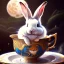 Placeholder: laughing bunny king , dreaming of the moon and stars and flying candles, drinking warm tea surfing waves on a teacup,misty fantasy art, book cover