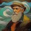 Placeholder: impasto oil painting of an old mariner, thick sculptural brushstrokes, swirling textures, golden beard flowing into stormy ocean, expressive portrait style, vivid ocean blues and greens, emotional and textured, expressionist painting --v 7 --style raw --ar 4:5 --q 2