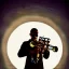 Placeholder: cyborg one man band, instruments, full moon background center large, steampunk style, 3d, hd