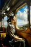 Placeholder: Neoclassicism japanese woman looking at window happy to sky in train realistic cote d'azur painting